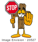 #23527 Clip Art Graphic Of A Wooden Cross Cartoon Character Holding A Stop Sign