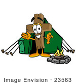 #23563 Clip Art Graphic Of A Wooden Cross Cartoon Character Camping With A Tent And Fire