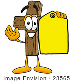 #23565 Clip Art Graphic Of A Wooden Cross Cartoon Character Holding A Yellow Sales Price Tag