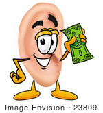 #23809 Clip Art Graphic Of A Human Ear Cartoon Character Holding A Dollar Bill