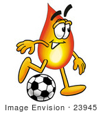 #23945 Clip Art Graphic Of A Fire Cartoon Character Kicking A Soccer Ball
