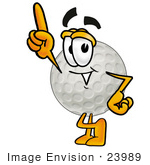 #23989 Clip Art Graphic of a Golf Ball Cartoon Character Pointing Upwards by toons4biz