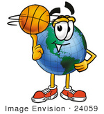 #24059 Clip Art Graphic of a World Globe Cartoon Character Spinning a Basketball on His Finger by toons4biz