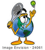 #24061 Clip Art Graphic Of A World Globe Cartoon Character Preparing To Hit A Tennis Ball