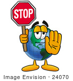 #24070 Clip Art Graphic of a World Globe Cartoon Character Holding a Stop Sign by toons4biz