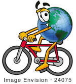 #24075 Clip Art Graphic Of A World Globe Cartoon Character Riding A Bicycle