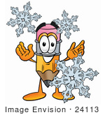 #24113 Clip Art Graphic Of A Yellow Number 2 Pencil With An Eraser Cartoon Character With Three Snowflakes In Winter