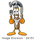 #24151 Clip Art Graphic Of A Hammer Tool Cartoon Character Holding A Knife And Fork