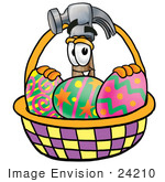 #24210 Clip Art Graphic Of A Hammer Tool Cartoon Character In An Easter Basket Full Of Decorated Easter Eggs
