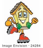 #24284 Clip Art Graphic Of A Yellow Residential House Cartoon Character Roller Blading On Inline Skates
