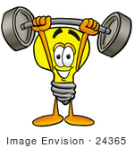 #24365 Clip Art Graphic Of A Yellow Electric Lightbulb Cartoon Character Holding A Heavy Barbell Above His Head