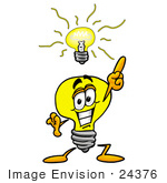 #24376 Clip Art Graphic Of A Yellow Electric Lightbulb Cartoon Character With A Bright Idea
