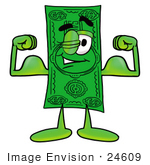 #24609 Clip Art Graphic of a Flat Green Dollar Bill Cartoon Character Flexing His Arm Muscles by toons4biz