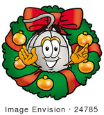#24785 Clip Art Graphic Of A Wired Computer Mouse Cartoon Character In The Center Of A Christmas Wreath