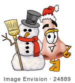 #24889 Clip Art Graphic Of A Human Nose Cartoon Character With A Snowman On Christmas