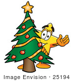 #25194 Clip Art Graphic Of A Yellow Star Cartoon Character Waving And Standing By A Decorated Christmas Tree