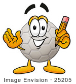 #25205 Clip Art Graphic Of A White Soccer Ball Cartoon Character Holding A Pencil
