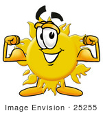 #25255 Clip Art Graphic of a Yellow Sun Cartoon Character Flexing His Arm Muscles by toons4biz