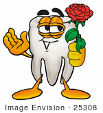 #25308 Clip Art Graphic Of A Human Molar Tooth Character Holding A Red Rose On Valentines Day