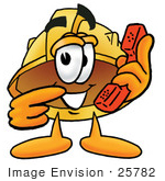 #25782 Clip Art Graphic Of A Yellow Safety Hardhat Cartoon Character Holding A Telephone