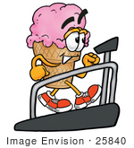 #25840 Clip Art Graphic Of A Strawberry Ice Cream Cone Cartoon Character Walking On A Treadmill In A Fitness Gym by toons4biz