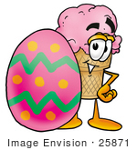 #25871 Clip Art Graphic Of A Strawberry Ice Cream Cone Cartoon Character Standing Beside An Easter Egg