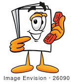 #26090 Clip Art Graphic Of A White Copy And Print Paper Cartoon Character Holding A Telephone