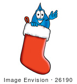 #26190 Clip Art Graphic Of A Blue Waterdrop Or Tear Character Inside A Red Christmas Stocking
