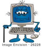 #26228 Clip Art Graphic of an Old Desktop Computer Cartoon Character With Keys Falling Off of the Keyboard, Using a Cane by toons4biz