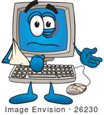 #26230 Clip Art Graphic of a Beat up Desktop Computer Cartoon Character With a Black Eye, a Bandage on its Mouse and its Arm in a Sling by toons4biz