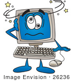 #26236 Clip Art Graphic of a Desktop Computer Cartoon Character Crashing by toons4biz