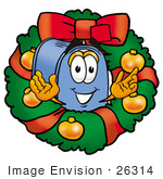 #26314 Clip Art Graphic Of A Blue Snail Mailbox Cartoon Character In The Center Of A Christmas Wreath