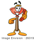 #26319 Clip Art Graphic Of A Plumbing Toilet Or Sink Plunger Cartoon Character Holding A Telephone