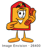#26400 Clip Art Graphic Of A Red And Yellow Sales Price Tag Cartoon Character Holding A Telephone