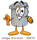 #26516 Clip Art Graphic Of A Metal Trash Can Cartoon Character Looking Through A Magnifying Glass