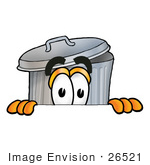 #26521 Clip Art Graphic Of A Metal Trash Can Cartoon Character Peeking Over A Surface