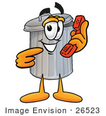 #26523 Clip Art Graphic Of A Metal Trash Can Cartoon Character Holding A Telephone