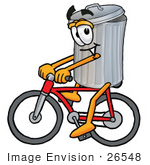 #26548 Clip Art Graphic Of A Metal Trash Can Cartoon Character Riding A Bicycle