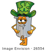 #26554 Clip Art Graphic Of A Metal Trash Can Cartoon Character Wearing A Saint Patricks Day Hat With A Clover On It