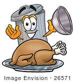 #26571 Clip Art Graphic Of A Metal Trash Can Cartoon Character Serving A Thanksgiving Turkey On A Platter