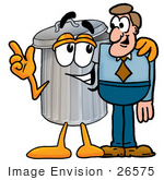 #26575 Clip Art Graphic Of A Metal Trash Can Cartoon Character Talking To A Business Man
