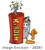#26581 Clip Art Graphic Of A Gray Cell Phone Cartoon Character Standing With A Lit Stick Of Dynamite