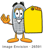 #26591 Clip Art Graphic Of A Gray Cell Phone Cartoon Character Holding A Yellow Sales Price Tag