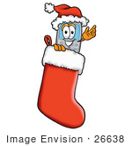#26638 Clip Art Graphic Of A Gray Cell Phone Cartoon Character Wearing A Santa Hat Inside A Red Christmas Stocking