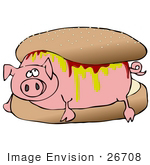 #26708 Piggy Covered In Mustard And Ketchup Resting Inside A Hamburger Bun Clipart