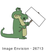 #26713 Green Alligator Holding A Blank Sign Clipart