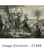 #27469 Illustration Of Curious Natives Watching A Man Kneeling And Bowing To Christopher Columbus And His Men Upon Landing In The New World