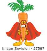 #27587 Clip Art Graphic Of An Organic Veggie Carrot Mascot Character Wearing A Super Hero Cape And Mask