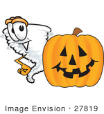 #27819 Clip Art Graphic Of A Tornado Mascot Character With A Halloween Pumpkin