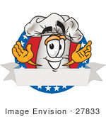 #27833 Clip Art Graphic Of A White Chefs Hat Cartoon Character Over A Blank Label On A Logo With Stars